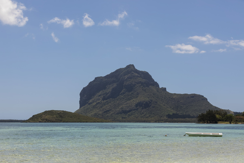 Mauritius, South Coast, Indian Ocean, Le Morne with Mountain Le Morne Brabant, boat stock photo