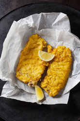 Fried coalfish filet and lemon slices on greaseproof paper - CSF28826