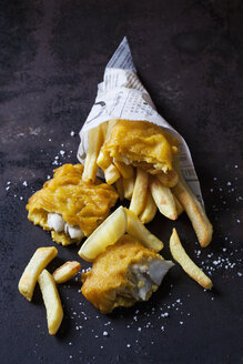 Fisch und Chips mit Remoulade, Ketchup und Zitronenscheibe - CSF28835