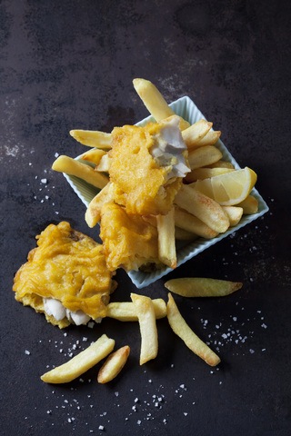 Fish and chips with lemon slice stock photo