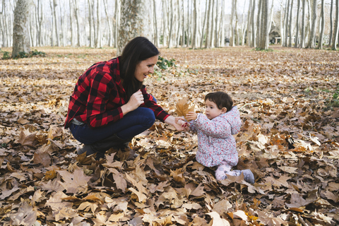 Mutter und Baby Mädchen spielen mit Herbstblätter Blätter im Park, lizenzfreies Stockfoto