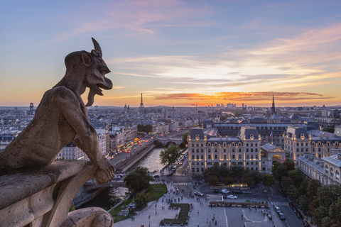 France, Paris, View from Notre Dame de Paris, city view at sunset stock photo