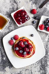 Pancakes with red fruit jelly, maple sirup, raspberry and blueberry - SARF03505