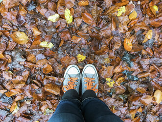 Woman in sneakers standing on autumn foliage - ASCF00773
