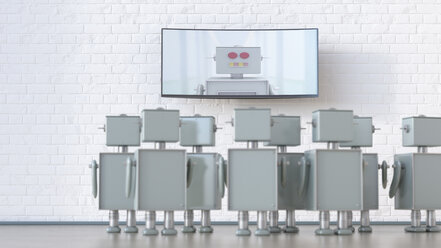 Group of robots in a room looking at screen with robot, 3d rendering - UWF01327