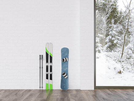 Skier und Snowboard an einer Wand mit Blick auf eine Winterlandschaft, 3d Rendering - UWF01336