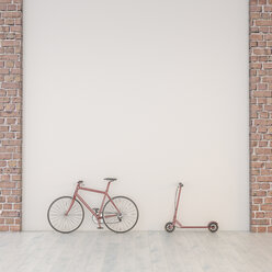 EBicycle und Roller lehnt gegen eine Wand, 3d Rendering - UWF01340