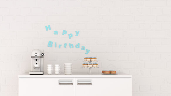 Birthday decoration and coffee machine on chest of drawers, 3d rendering - UWF01355