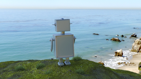 Roboter an der Küste mit Blick auf das Meer, 3d-Rendering, lizenzfreies Stockfoto