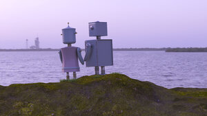 Robot couple at the coast looking at the sea, 3d rendering - UWF01364