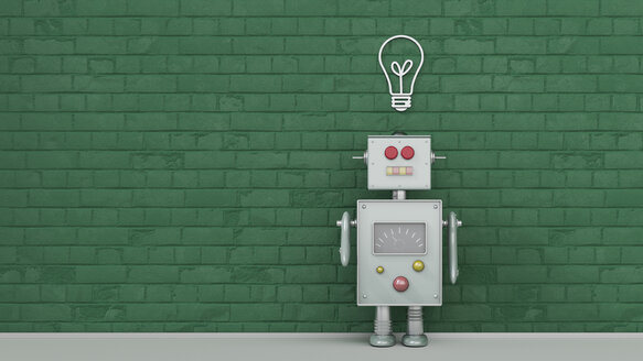 Robot under light bulb painted on brick wall, 3d rendering - UWF01367