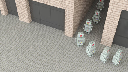 Gruppe von Robotern, die in einer Reihe durch einen Durchgang gehen, 3D-Rendering - UWF01372