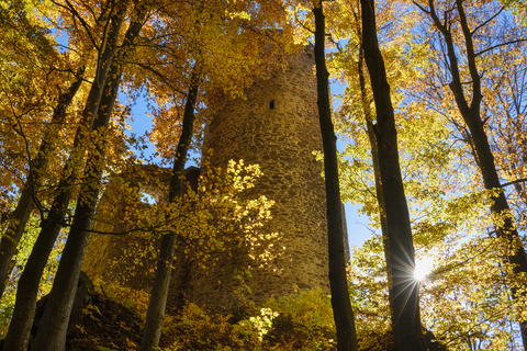 Deutschland, Bayern, Bayerischer Wald, Burg Lichteneck, Burgruine im Herbst, lizenzfreies Stockfoto