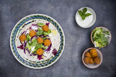 Falafel, wrap, salad, red and white cabbage, yogurt sauce with mint - LVF06653