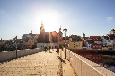 Deutschland, Regensburg, Blick auf den Dom in der Altstadt mit der Steinernen Brücke im Vordergrund - PUF01268