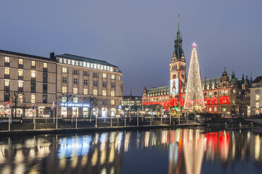 Germany, Hamburg, Little Alster, Christmas tree, town hall at World AIDS day - KEBF00724