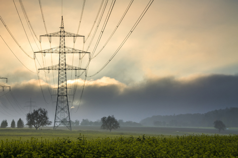 Germany, Hesse, Taunus, power transmission line stock photo