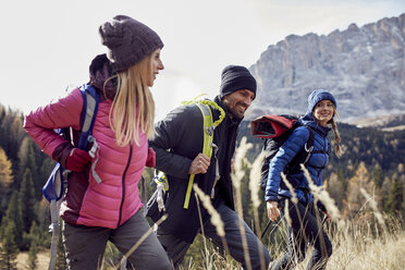 Lächelnde Freunde beim Wandern in den Bergen - PNEF00438