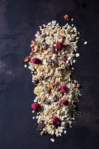 Fruit granola with dried raspberries, strawberries and cranberries stock photo
