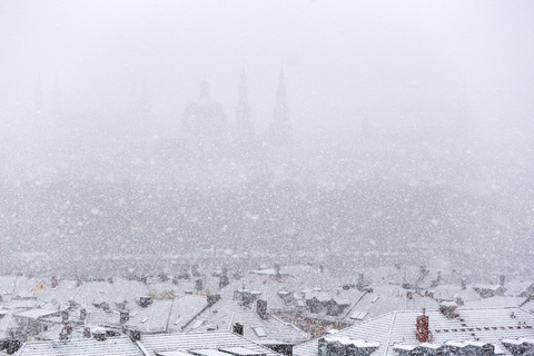 Germany, bavaria, wuerzburg, City view and snowfall stock photo