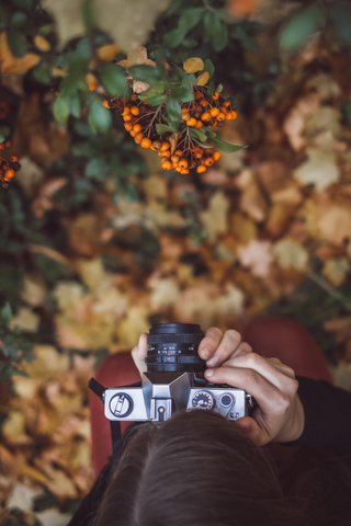 Junge Frau beim Fotografieren in herbstlicher Natur mit alter Kamera, Draufsicht, lizenzfreies Stockfoto