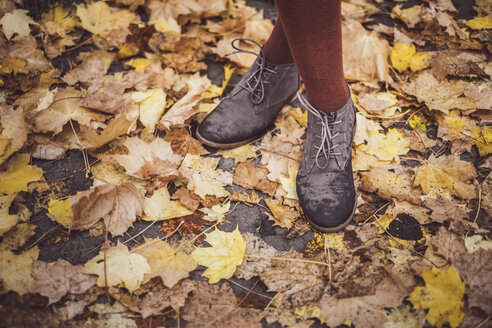 Woman wearing leather shoes, standing on autumn leaves, partial view - JSCF00045