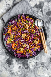 Winter salad, red cabbage, roasted chickpea, blood orange, spring onion and walnut - SARF03528