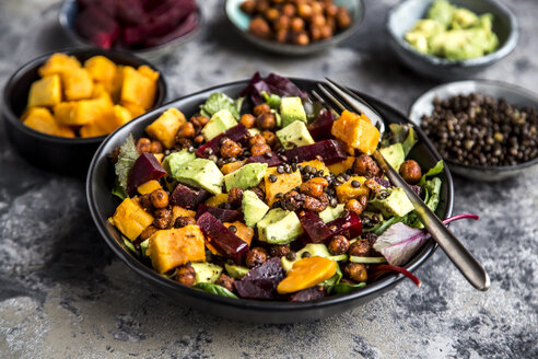 Superfood salad, avocado, beetroot, roasted chickpea, sweet potatoe, beluga lentil and blood orange - SARF03530