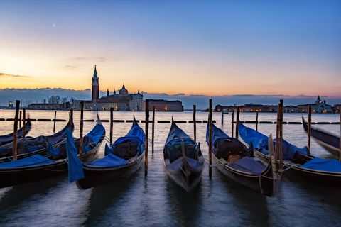 Italy, Veneto, Venice, Gondolas in front of San Giorgio Maggiore, early morning stock photo