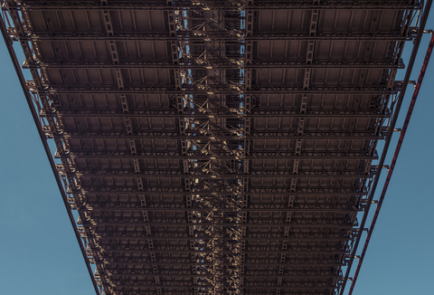 USA, New York City, Brooklyn Bridge from below stock photo