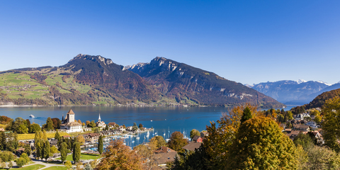 Switzerland, Canton of Bern, Spiez, Lake Thun and Spiez Castle stock photo