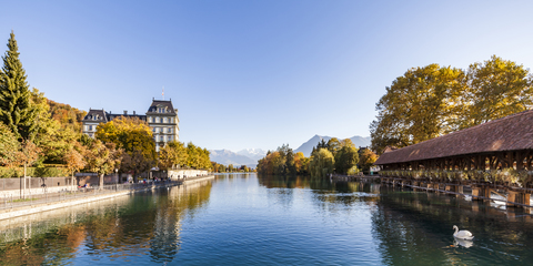 Switzerland, Canton of Bern, Thun, river Aare, art museum, Aarequai and sluice bridge stock photo