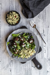 Plate of Falafel, salad, yogurt sauce with mint and Tabbouleh - SARF03550