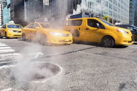 USA, New York, steam coming out from sewer stock photo