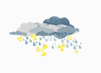 Sturmwolken regnen Wassertropfen und radioaktive Symbole, Illustration - FSIF00145