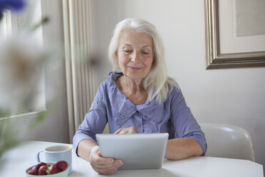 Ältere Frau benutzt digitales Tablet zu Hause - FSIF00270