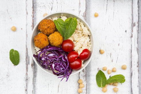 Buddha bowl of sweet potato balls, Couscous, Hummus and vegetables - LVF06690