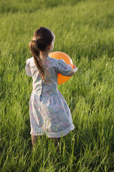 Rear view of a girl holding a balloon in a field - FSIF00448