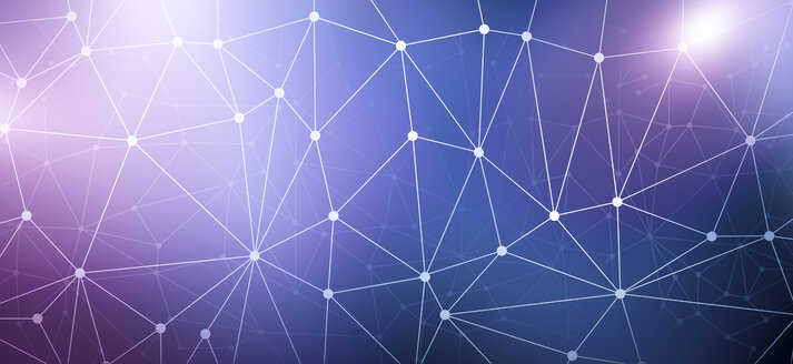 Ein Netz aus Punkten, verbunden durch Linien vor einem violetten und blauen Hintergrund - FSIF00592