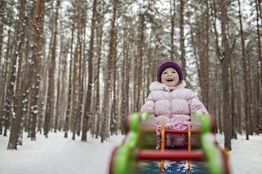 A young cheerful girl on a piece of playground equipment in winter - FSIF00606