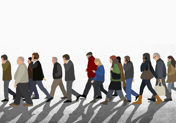Illustration von Menschen zu Fuß auf der Straße gegen klaren Himmel - FSIF00827