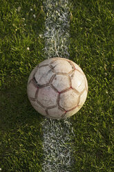 Close-up of soccer ball on white line in stadium - FSIF00916