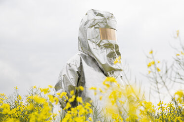 A person in a radiation protective suit standing in an oilseed rape field - FSIF00932