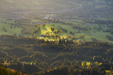 Germany, Bavaria, Upper Bavaria, Isarwinkel, view from Zwiesel, Arzbach near Lenggries in the morning stock photo