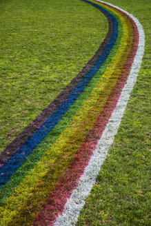 High angle view of rainbow pattern on grassy field - FSIF00976