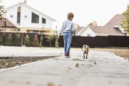 Rückansicht eines Jungen, der mit seinem Hund auf einem Fußweg spazieren geht - FSIF00996