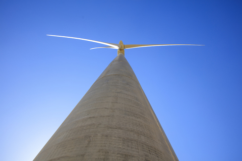Low angle view of a wind turbine stock photo