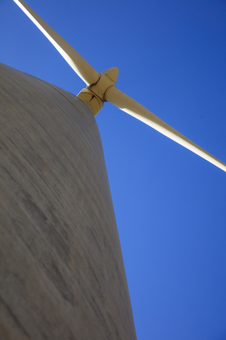 Low angle view of a wind turbine stock photo