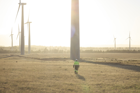 Engineer walking on a wind farm at sunset stock photo