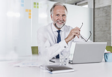 Portrait of smiling mature businessman sitting at desk in office with laptop - UUF12729